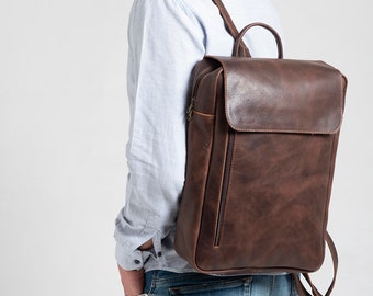 BROWN LEATHER BACKPACK mens leather rucksack, 17" laptop bag, leather backpack men women genuine leather vintage style