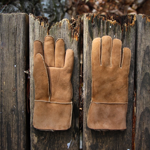 LEATHER GLOVES BROWN suede sheepskin real fur mens womens winter gloves