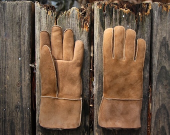 LEDEREN HANDSCHOENEN BRUIN suède schapenvacht echt bont heren dames winterhandschoenen