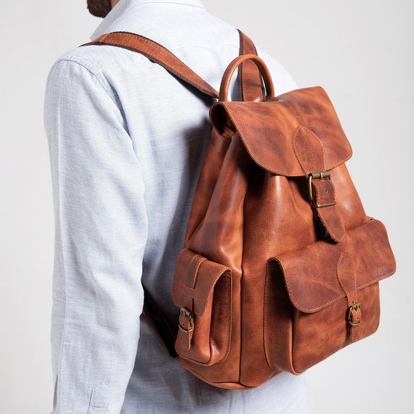 LARGE BACKPACK MENS brown rucksack weekend  full grain leather rucksack in 3 sizes/ 5 colors