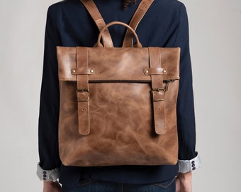 Winter Sales,FLAT BACKPACK LEATHER  rucksack elegant full grain leather tan leather