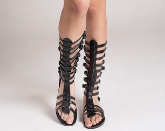 GLADIATOR SANDALS BLACK, roman sandals,knee high sandals,ancient greek sandals "Xena"