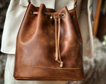 Leather bucket bag, leather pouch with drawstring, shoulder bag women full grain leather