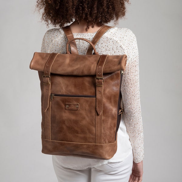 Soldes d'hiver, sac à dos extérieur en cuir ROLLTOP BACKPACK, sac à dos de voyage étanche en 5 couleurs de cuir véritable