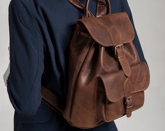 LEATHER BACKPACK ,brown leather bag, full grain leather, men women rucksack in 3 sizes/ 5 colors