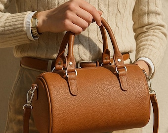 Ecoleren Boston-tas – bruine veganistische leren handtas met gouden details, elegante portemonnee