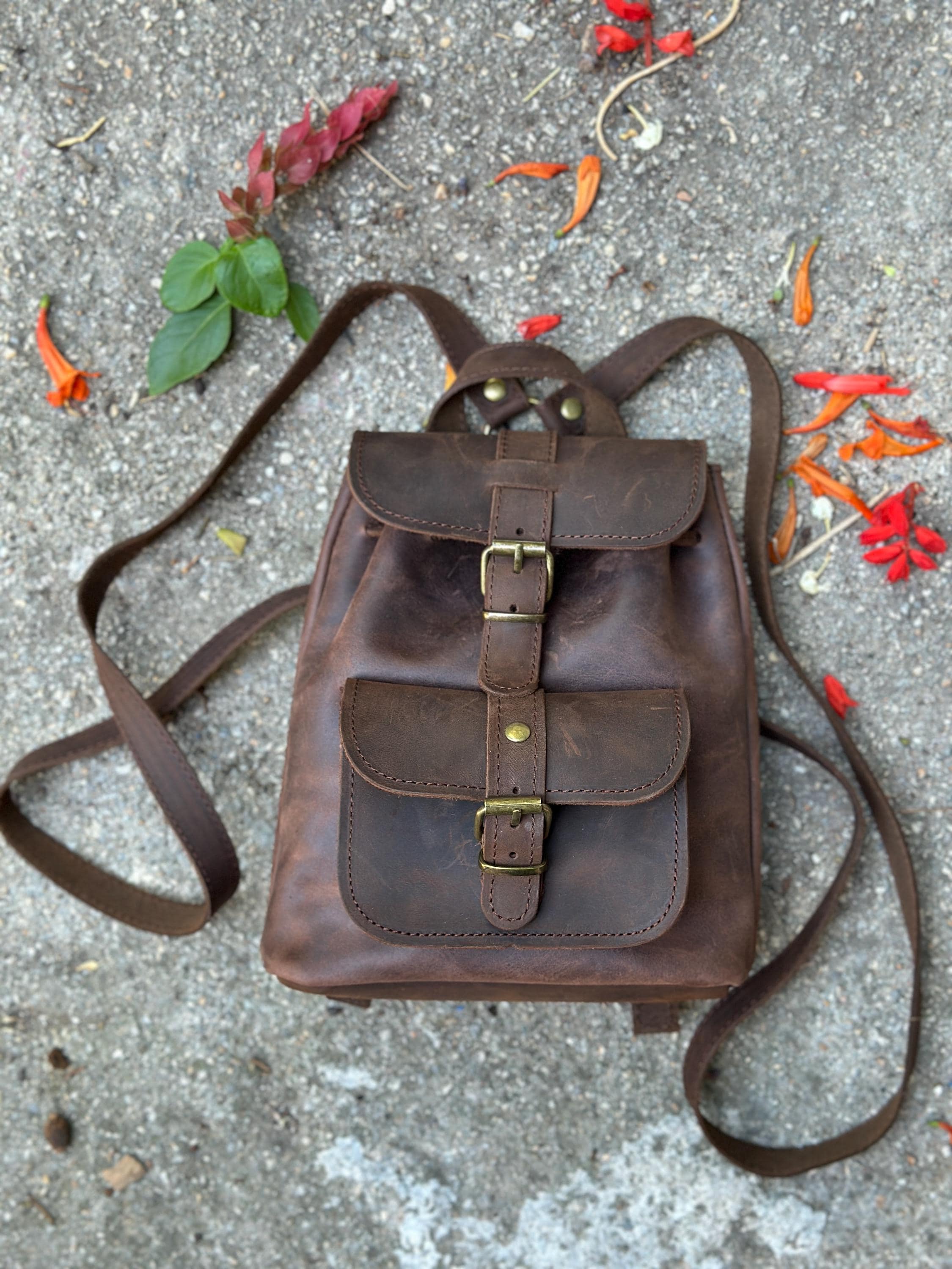 MINI BACKPACK PURSE Leather Small filia Dark Brown Leather Caramel Suede and Pocket Metal Buckles personalized Gift Laser Engrave Etsy
