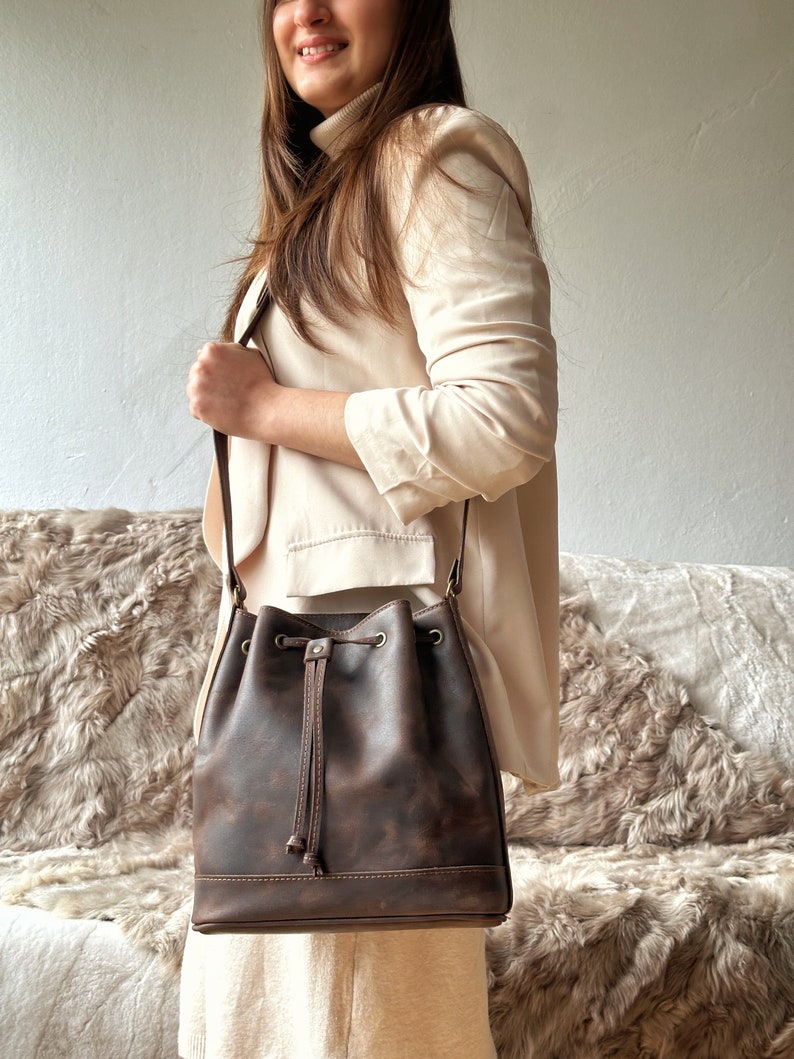 Leather bucket bag, leather pouch with drawstring, shoulder bag women full grain leather image 4