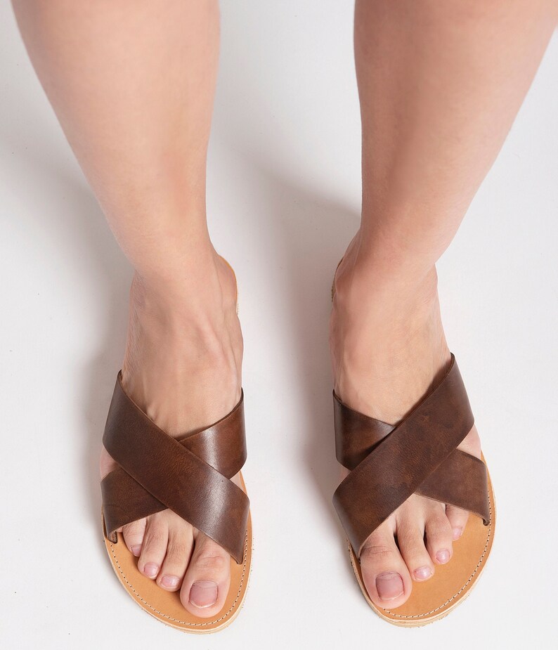TAN LEATHER SLIDES leather sandals summer shoes Leda women slides