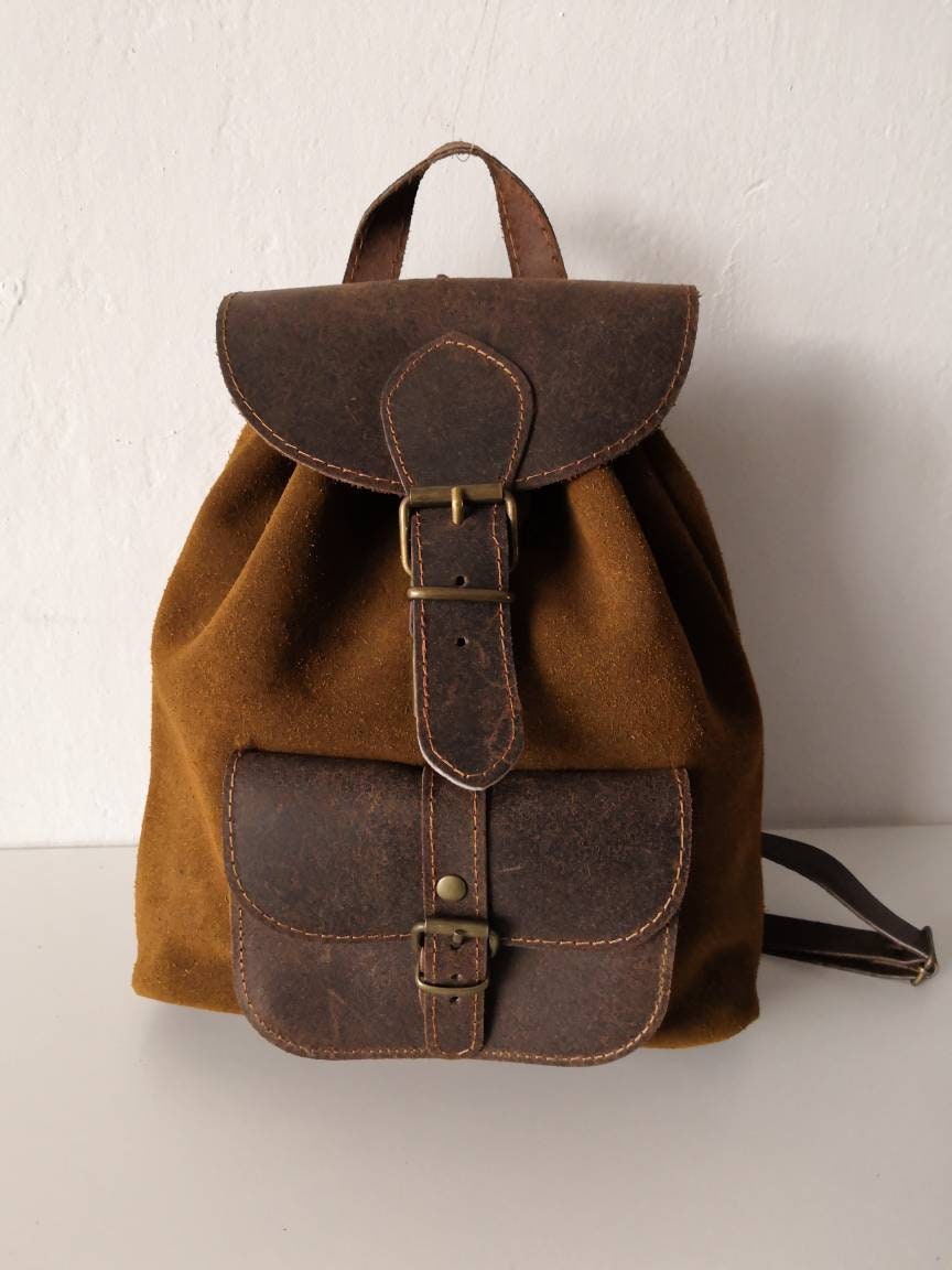 MINI BACKPACK PURSE Leather Small Dark Brown Leather & Caramel 