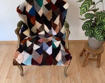 SHEEPSKIN PATCHWORK THROW. geometric triangles gray black beige Chair throw. Sheepskin chair cover . Sheepskin rug. One of a kind gift