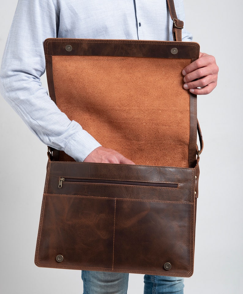 LEATHER MESSENGER BAG Mens Briefcase Crossbody Bag 17 Etsy
