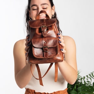 MINI BACKPACK PURSE leather small Filia dark brown leather & caramel suede and pocket metal buckles ,personalized gift, laser engrave image 3