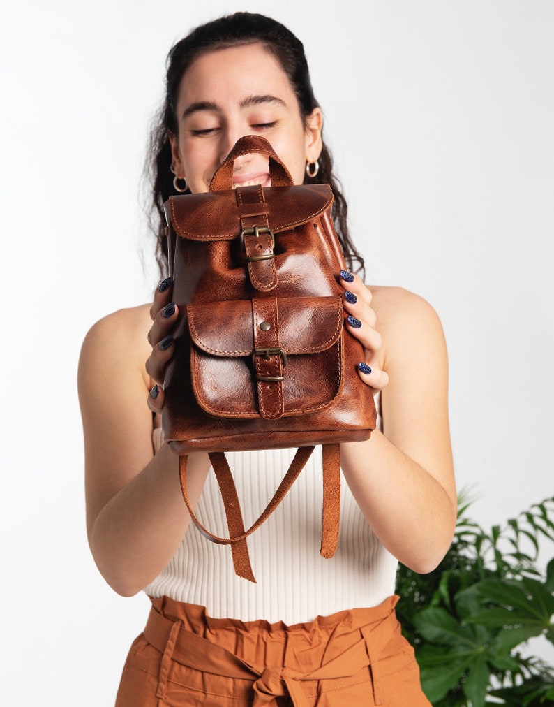 MINI BACKPACK PURSE leather small Filia dark brown leather & caramel suede and pocket metal buckles ,personalized gift, laser engrave image 3