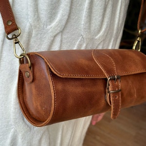 Small vintage style bag cross body bag with removable strap Tyche Tan Leather