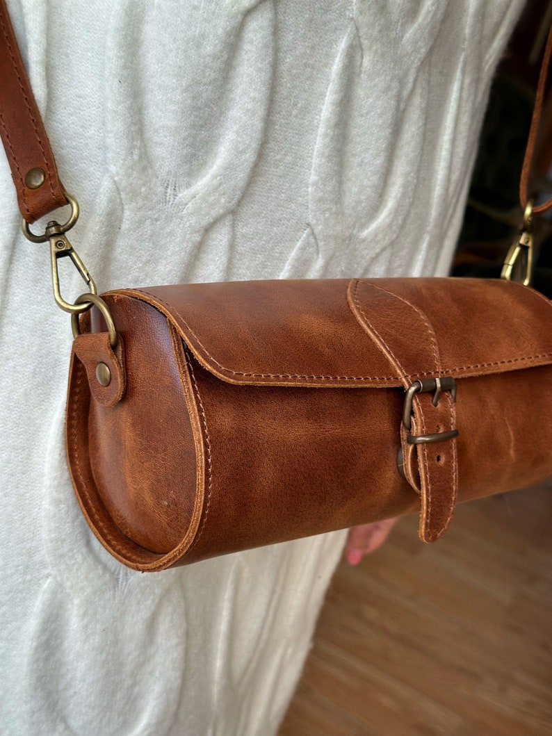 Small vintage style bag cross body bag with removable strap Tyche Tan Leather