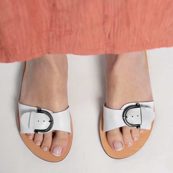 OPEN TOE CLOG sandals real leather with buckle strap slide sandals wedish clog sandals "Calliope"