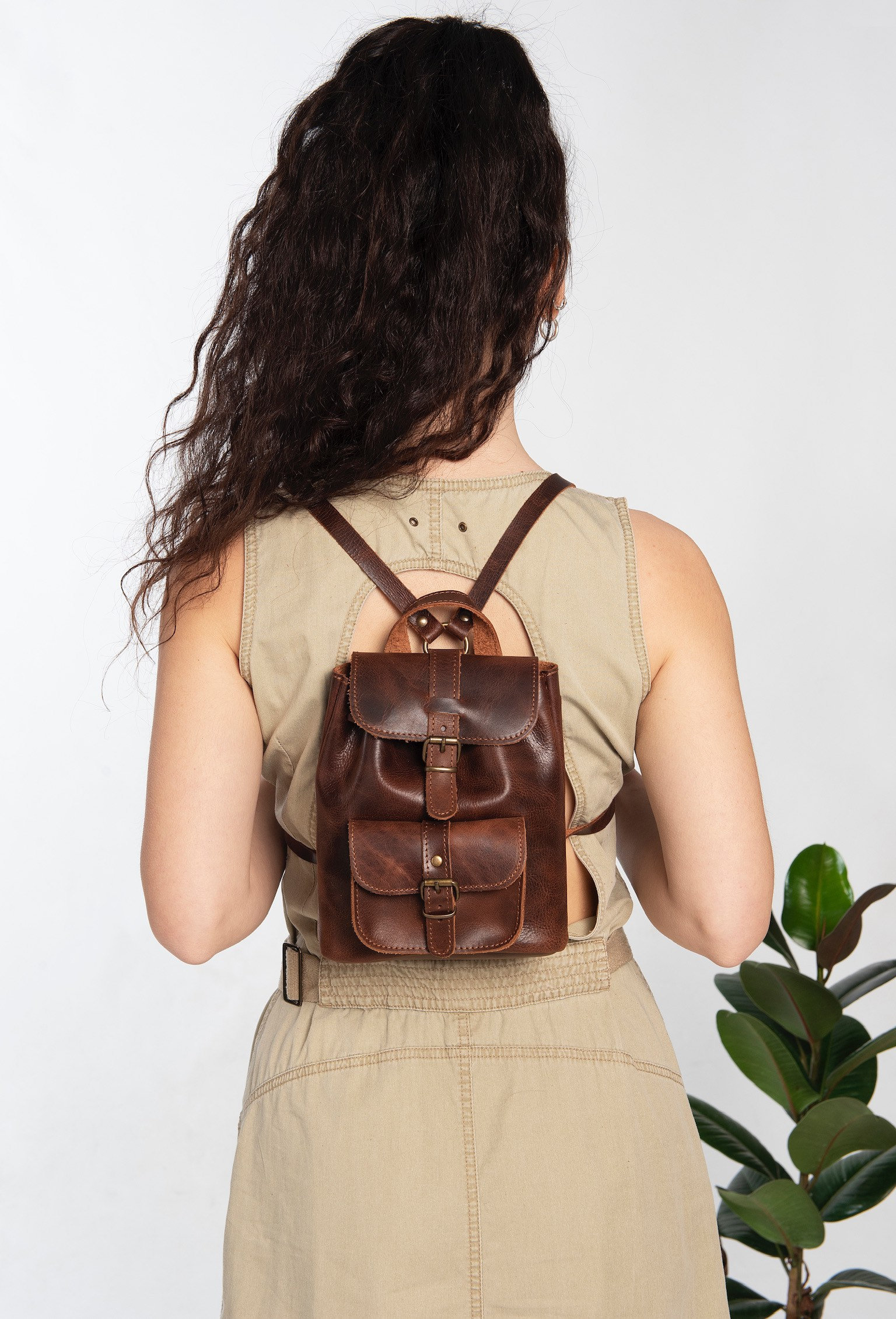 MINI BACKPACK PURSE Leather Small Dark Brown Leather & Caramel 