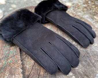 Suede Gloves black real leather sheepskin wool unisex