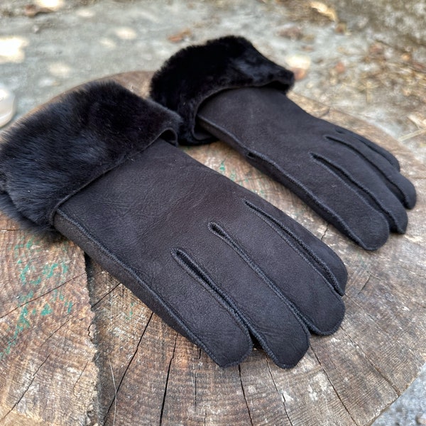 Wildleder Handschuhe schwarz echtes Leder Schaffell Wolle unisex