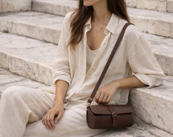 Crazy Horse Leather barrel bag crossbody small bag cylinder satchel