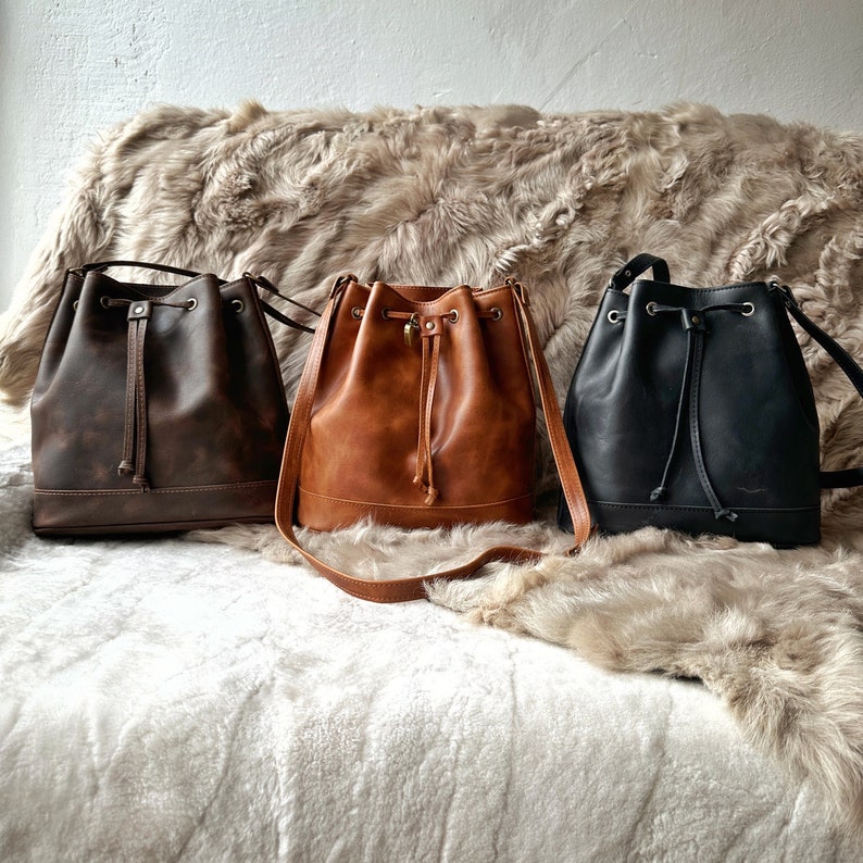 Leather bucket bag, leather pouch with drawstring, shoulder bag women full grain leather image 7
