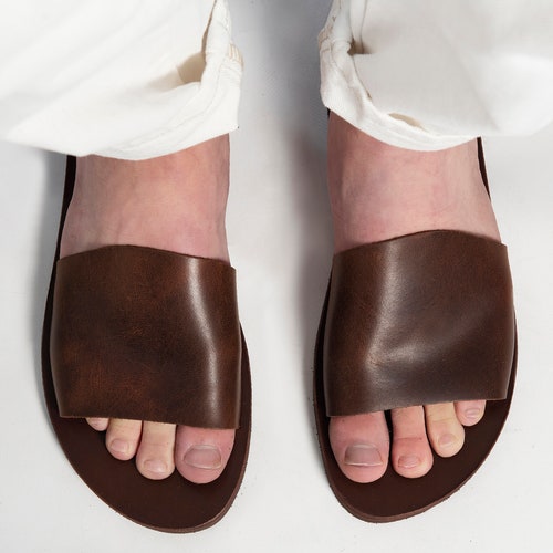 Mens Brown Slides Sandals Genuine Leather Men Tan Sandals Eros