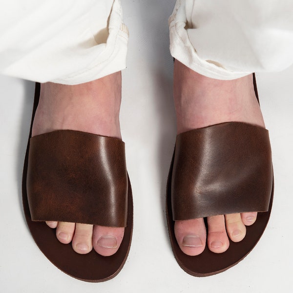 MENS BROWN SLIDES sandals genuine leather men tan sandals "Eros"