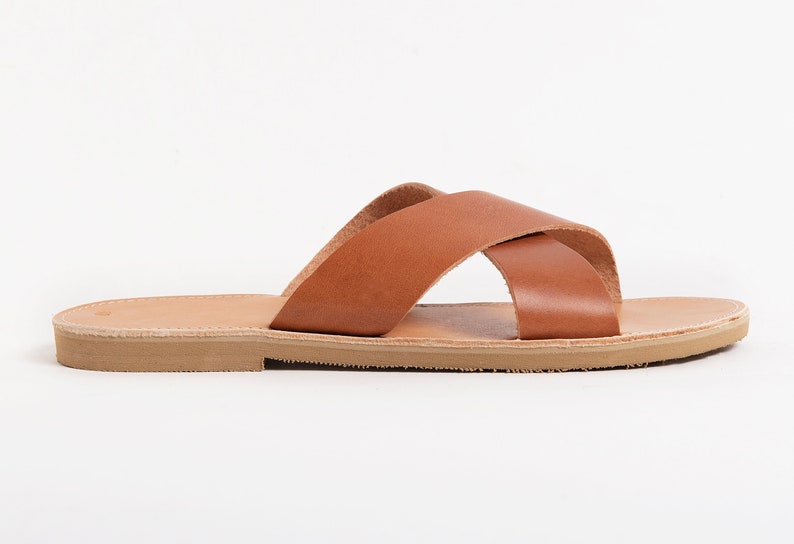 TAN LEATHER SLIDES leather sandals summer shoes Leda women slides
