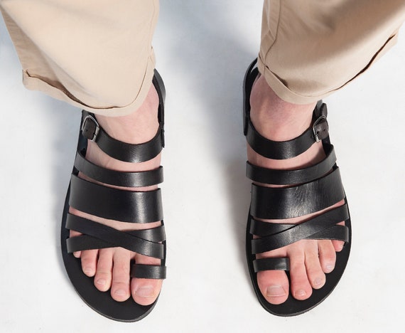 BLACK STRAP SANDALS Men Real Leather Quality Sandals Greek - Etsy