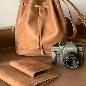 Leather bucket bag, leather pouch with drawstring, shoulder bag women full grain leather image 8