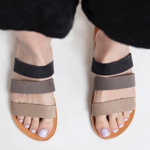 GREY BLACK SLIDES sandals leather mules flat slider sandals &quot;Maya&quot;