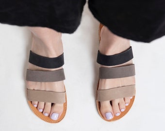 GREY BLACK SLIDES sandals leather mules flat slider sandals "Maya"