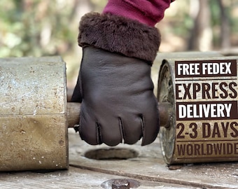Handmade Shearling Gloves: Brown Sheepskin Wool Winter Gloves