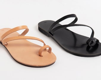 BLACK STRAP SANDALS, sandales pieds nus en cuir, femmes diapositives en cuir "Gaia"