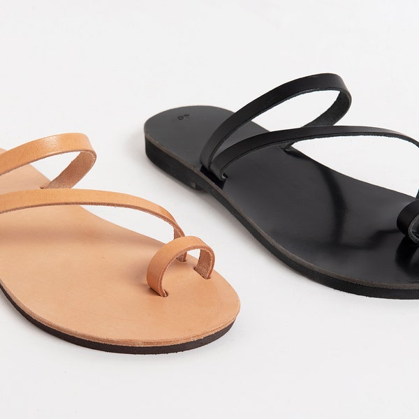 BLACK STRAP SANDALS, barefoot leather sandals, women slides leather "Gaia"