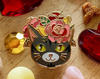 Fabulous Floral Felines - Gray Tabby Kitty with Roses - Enamel Pin - Lapel Pin - Accessories - Cat - Flowers - Art - Animals - Pets