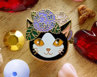 Fabulous Floral Felines - Tuxedo Kitty with Hydrangeas - Enamel Pin - Lapel Pin - Accessories - Cat - Flowers - Art - Animals - Pets