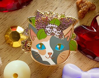 Fabulous Floral Felines - Dilute Calico Kitty with Lilacs - Enamel Pin - Lapel Pin - Accessories - Cat - Flowers - Art - Animals - Pets