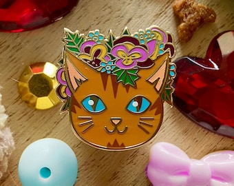 Fabulous Floral Felines - Orange Tabby Kitty with Pansies and Forget-Me-Nots - Enamel Pin - Lapel Pin - Accessories - Cat - Flowers - Art