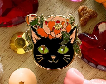 Fabulous Floral Felines - Black Kitty with Peony - Hard Enamel Pin - Lapel Pin - Cat - Flowers - Brooch - Badge - Accessories - Animals