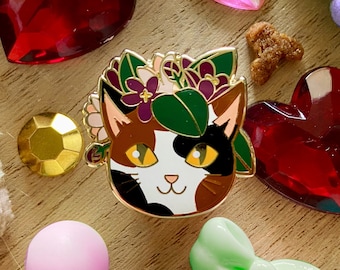 Fabulous Floral Felines - Calico Kitty with African Violets - Hard Enamel Pin - Lapel Pin - Accessories - Brooch - Art - Cat - Animals
