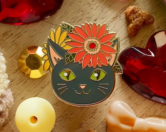 Fabulous Floral Felines - Russian Blue Kitty with Gerbera Daisies - Hard Enamel Pin - Lapel Pin - Accessories - Cat - Flowers - Art - Pin