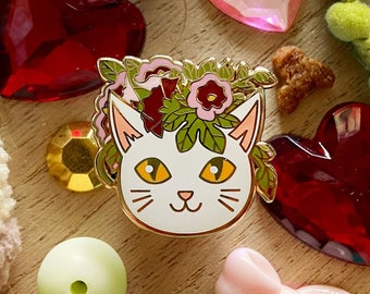 Fabulous Floral Felines - White Kitty with Hollyhock -