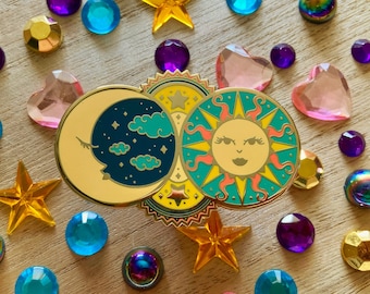 Celestial Sisters - Hard Enamel Pin - Lapel Pin - Accessories - Badge - Brooch - Design - Art - Sun - Moon - Space - Sky - Clouds