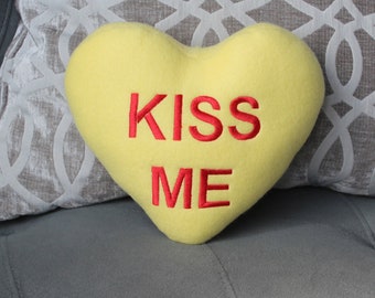 Valentine kiss me Heart plush pillow, Yellow 7x9"   embroidered   sofa couch throw pillow, bedroom heart, Valentine's day decor decoration