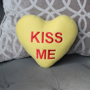 Embroidered &#39;Kiss Me&#39; Heart Pillow: Yellow Fleece Valentine&#39;s Day Decor