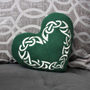St. Patricks day green and ivory 7x9" heart throw pillow,  celtic decor, heart shaped sofa couch pillow 7x9 inch