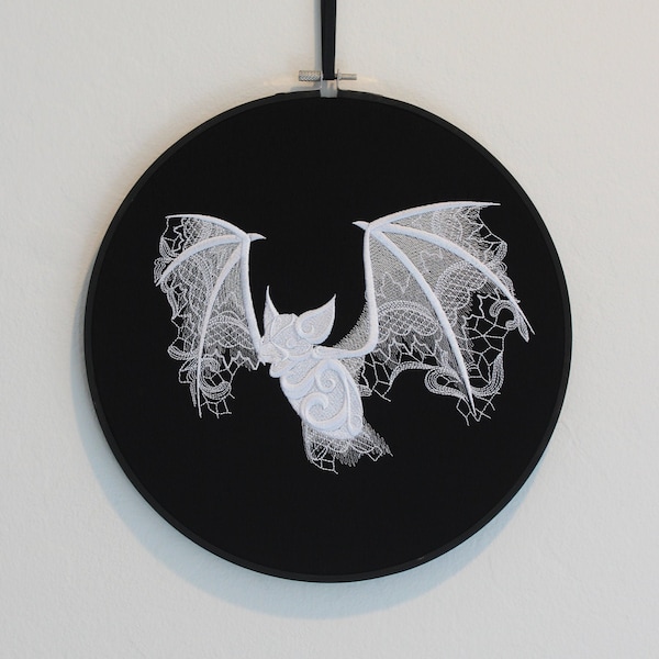 Gothic Halloween bat 10" wall décor, Vampire lace bat embroidered wall hoop, Goth horror wall hanging