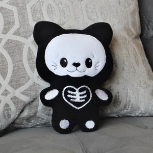 Goth baby Halloween black 9" skeleton cat plush pillow stuffed animal tall gothic sofa or couch pillow decor Gothic room kitten decoration